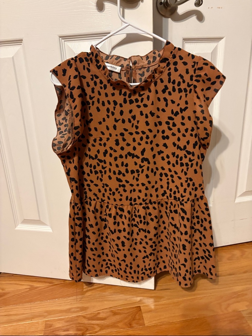 Brown Animal Print Cap Sleeve Peplum Blouse